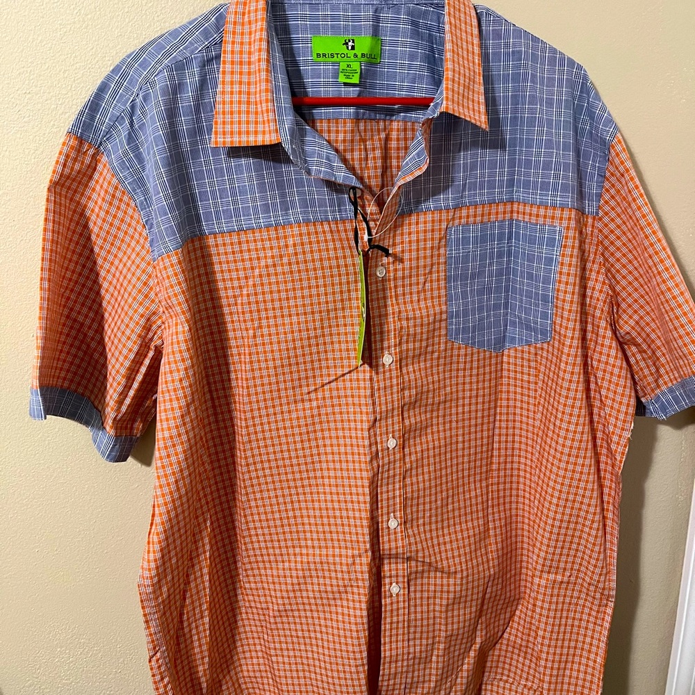 BRISTOL & BULL Short Sleeve Button Down Shirt Mix-Plaid Paneled Men XL